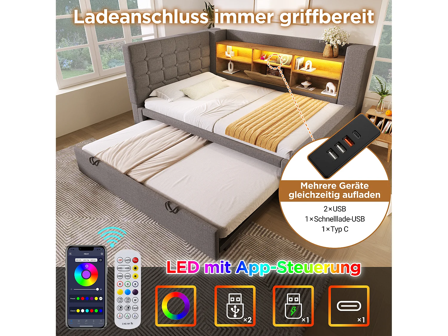 Lit rembourré 90 x 200 cm avec lit gigogne 90 x 190 cm - avec Leds + tête de lit de rangement - lin - gris