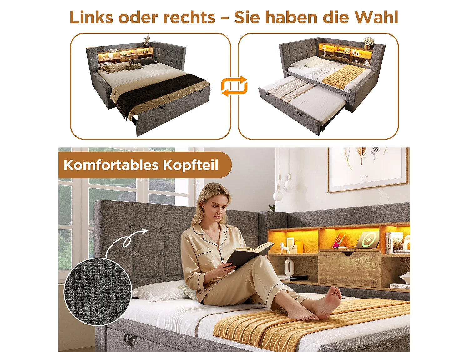 Lit rembourré 90 x 200 cm avec lit gigogne 90 x 190 cm - avec Leds + tête de lit de rangement - lin - gris