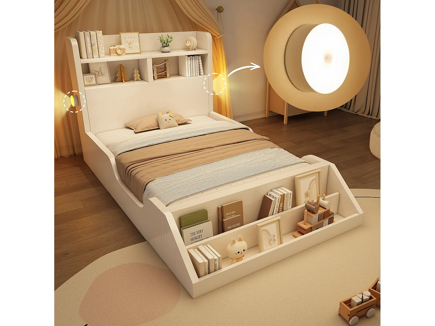 Lit simple enfant - 90 x 200 cm - avec tête de lit de rangement + étagère amovible + sommier à lattes - bois - blanc