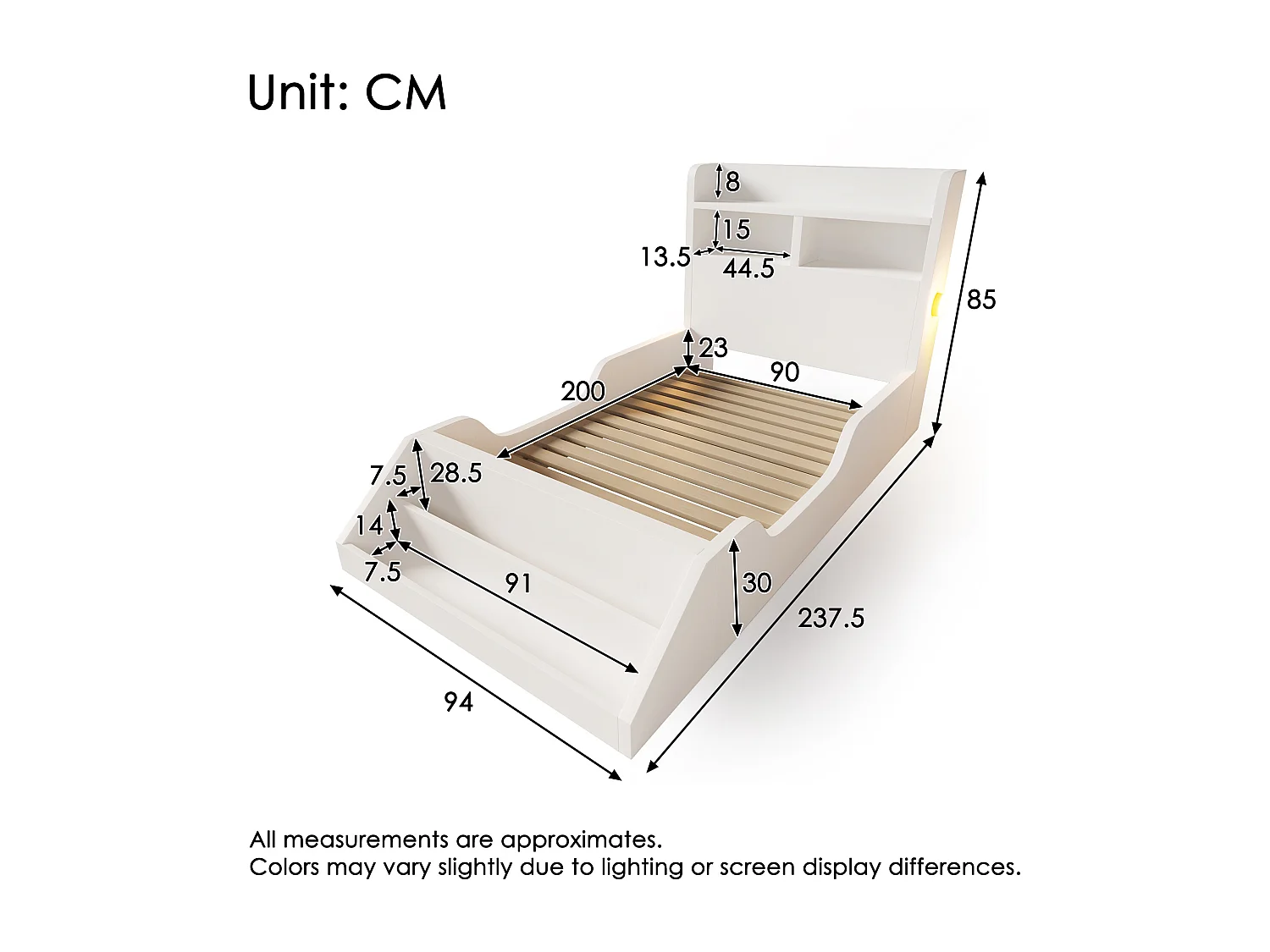 Lit simple enfant - 90 x 200 cm - avec tête de lit de rangement + étagère amovible + sommier à lattes - bois - blanc