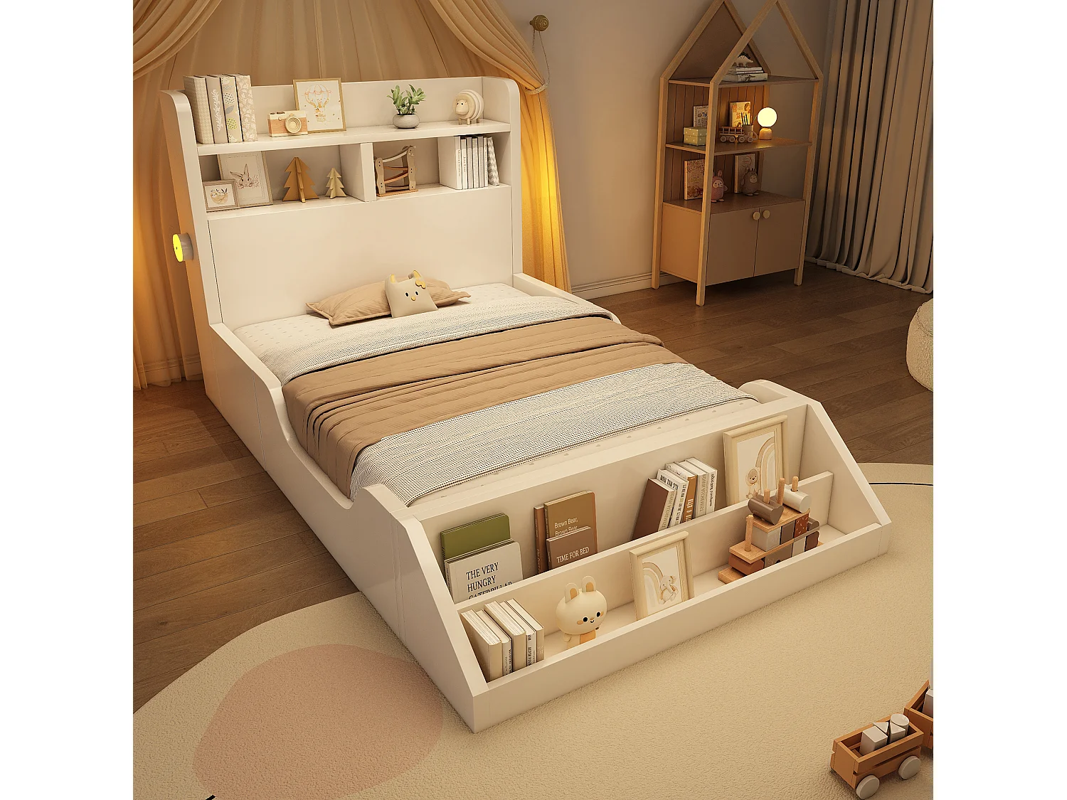 Lit simple enfant - 90 x 200 cm - avec tête de lit de rangement + étagère amovible + sommier à lattes - bois - blanc