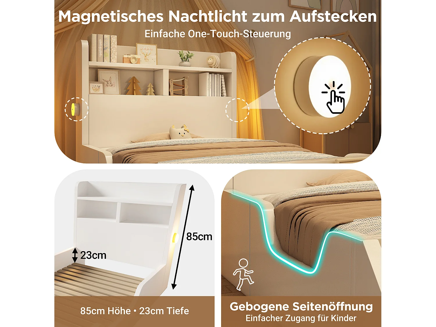 Lit simple enfant - 90 x 200 cm - avec tête de lit de rangement + étagère amovible + sommier à lattes - bois - blanc