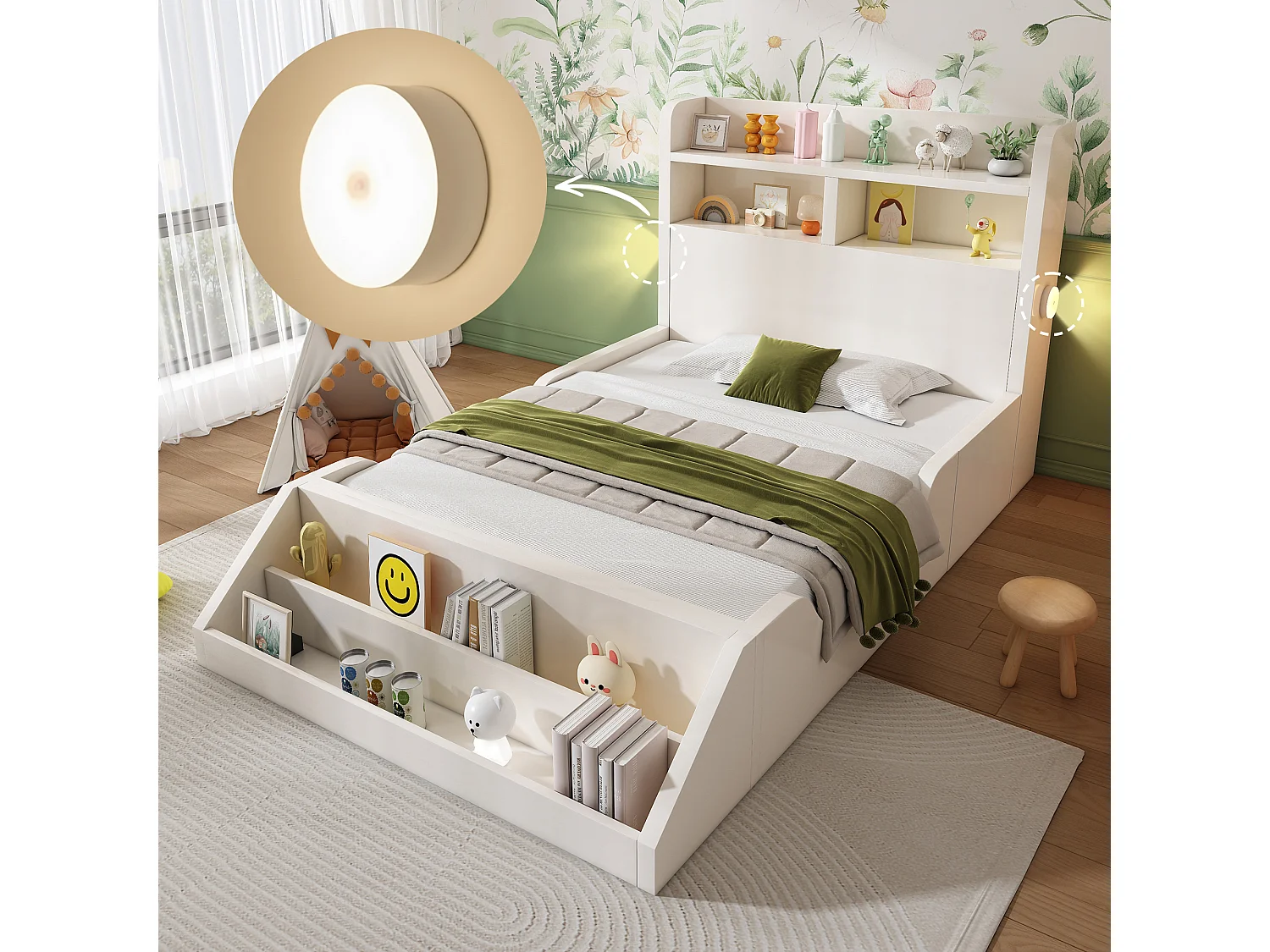 Lit simple enfant - 90 x 200 cm - avec tête de lit de rangement + étagère amovible + sommier à lattes - bois - blanc