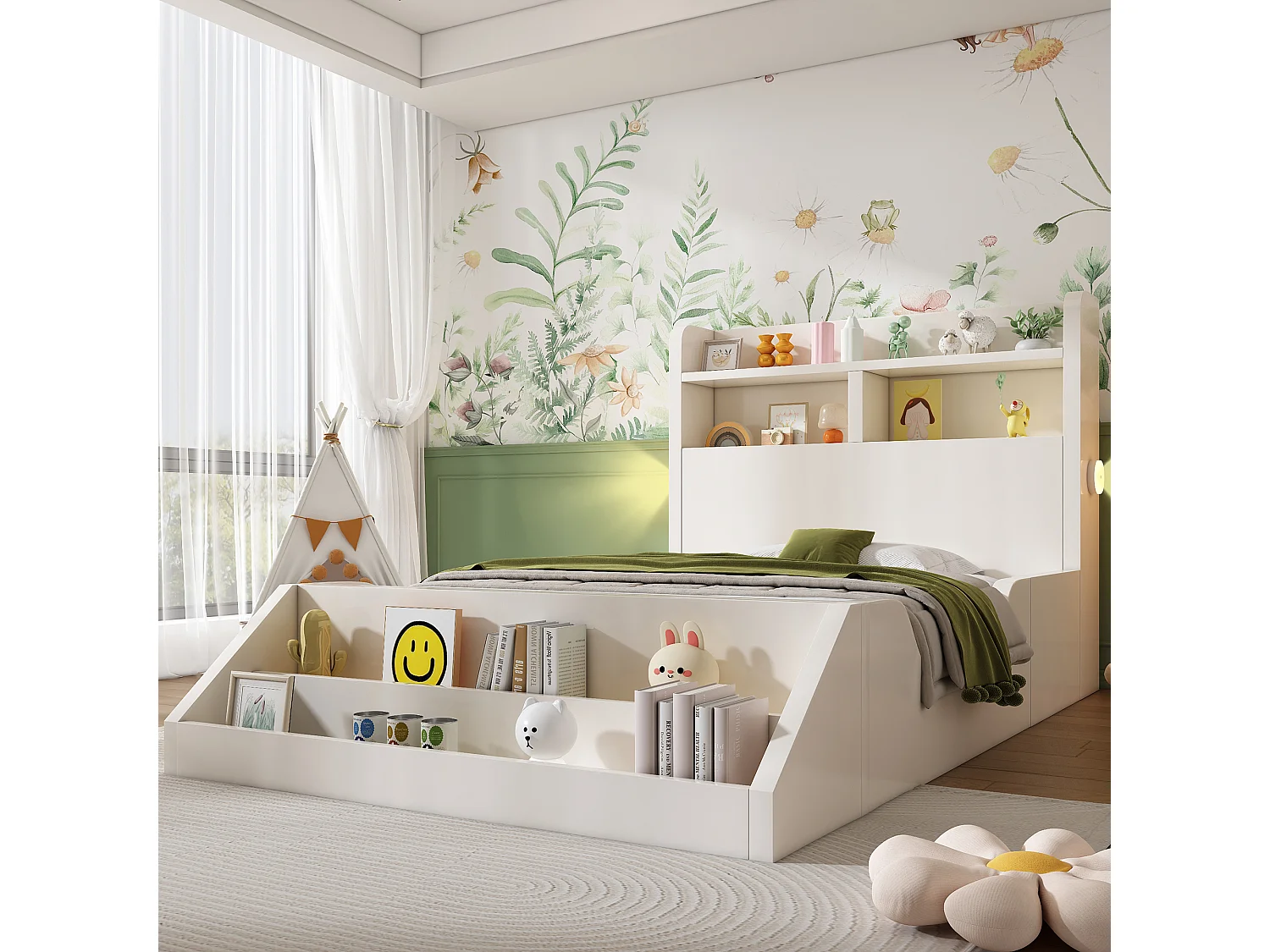 Lit simple enfant - 90 x 200 cm - avec tête de lit de rangement + étagère amovible + sommier à lattes - bois - blanc