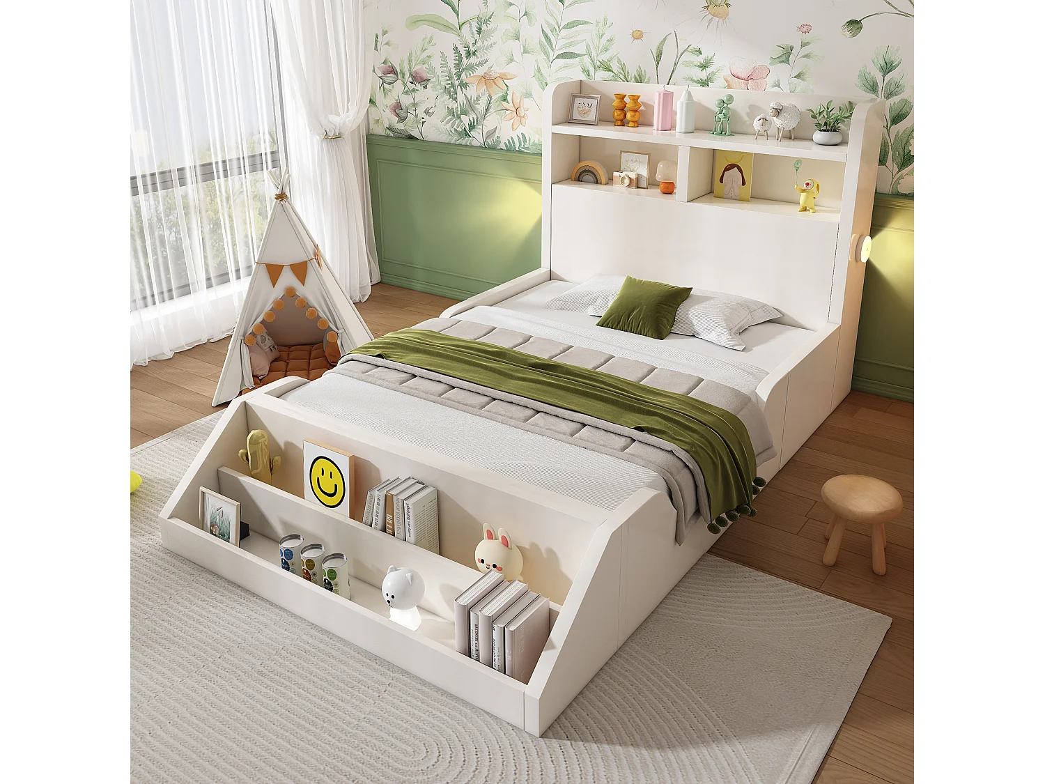 Lit simple enfant - 90 x 200 cm - avec tête de lit de rangement + étagère amovible + sommier à lattes - bois - blanc