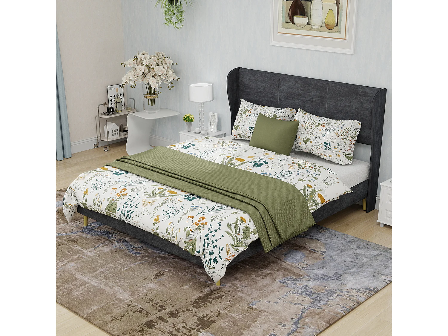 Volwassenenbed 140x200cm in grijs fluweel - Gestoffeerd bed met hoofdbord, matras niet inbegrepen