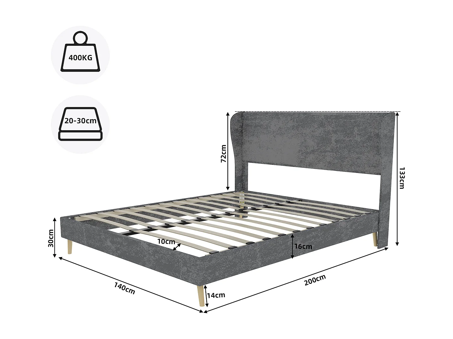 Volwassenenbed 140x200cm in grijs fluweel - Gestoffeerd bed met hoofdbord, matras niet inbegrepen