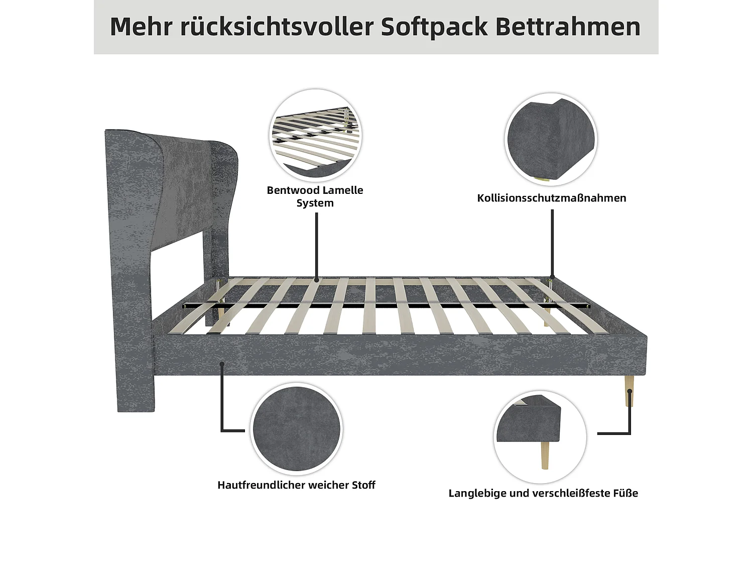 Volwassenenbed 140x200cm in grijs fluweel - Gestoffeerd bed met hoofdbord, matras niet inbegrepen