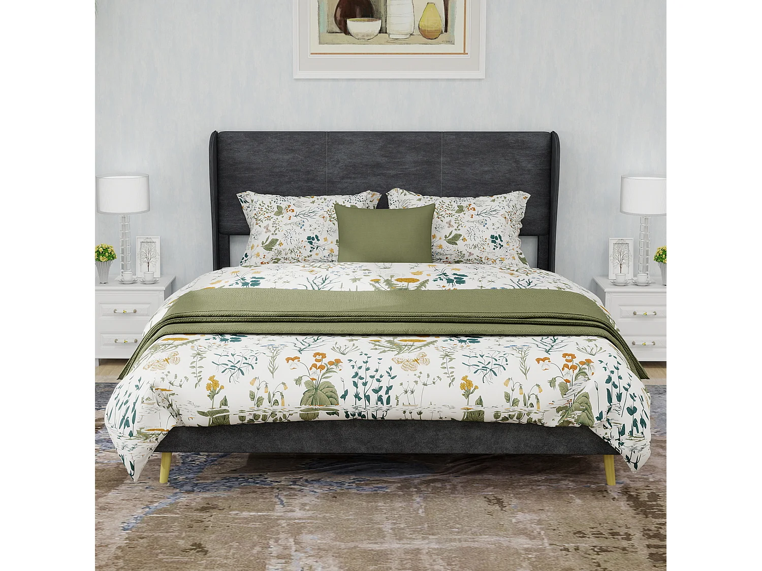 Volwassenenbed 140x200cm in grijs fluweel - Gestoffeerd bed met hoofdbord, matras niet inbegrepen