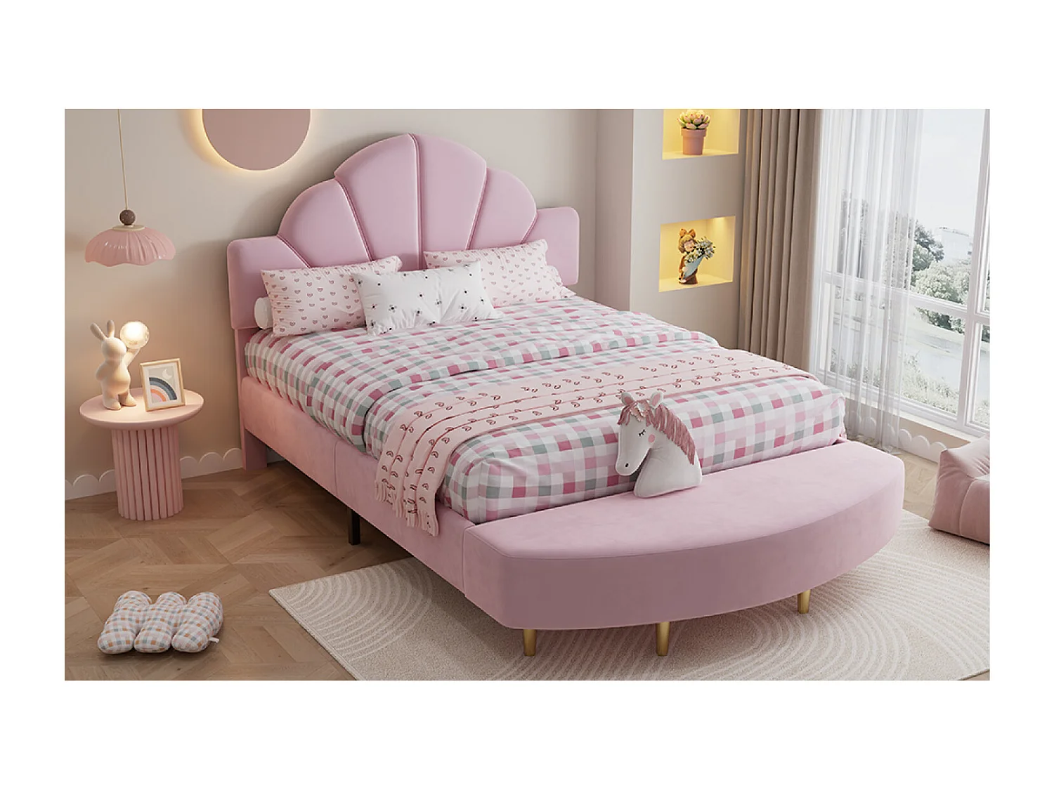 Lit enfant 140x200cm avec banc - Lit capitonné double en velours - Rose