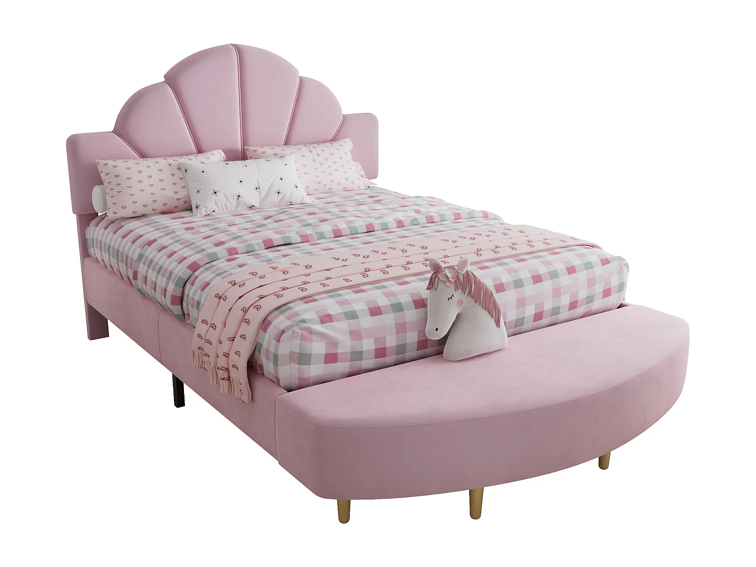 Lit enfant 140x200cm avec banc - Lit capitonné double en velours - Rose