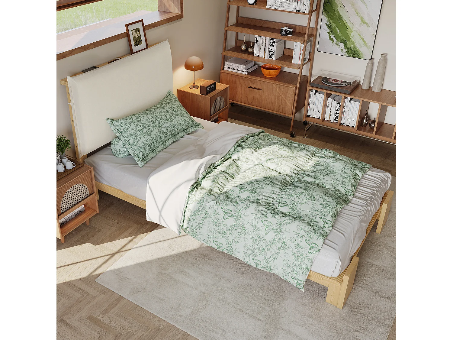 Lit capitonné pour enfant - 90 x 200 cm - avec tête de lit + sommier à lattes - pin + contreplaqué - naturel