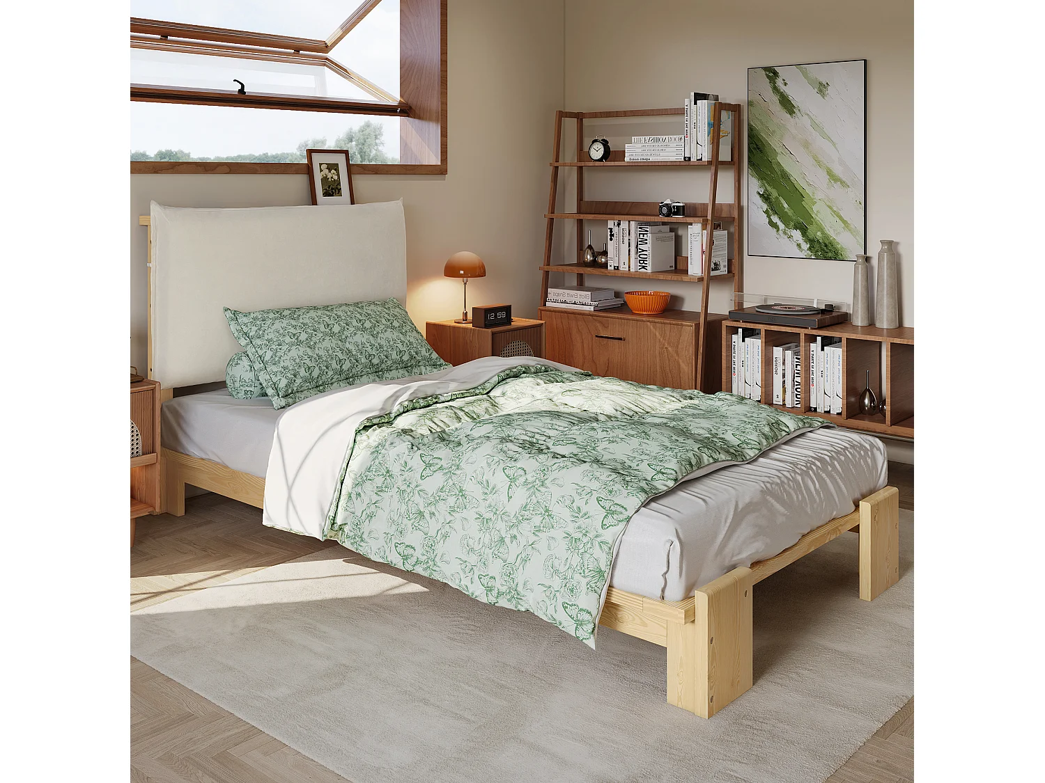 Lit capitonné pour enfant - 90 x 200 cm - avec tête de lit + sommier à lattes - pin + contreplaqué - naturel