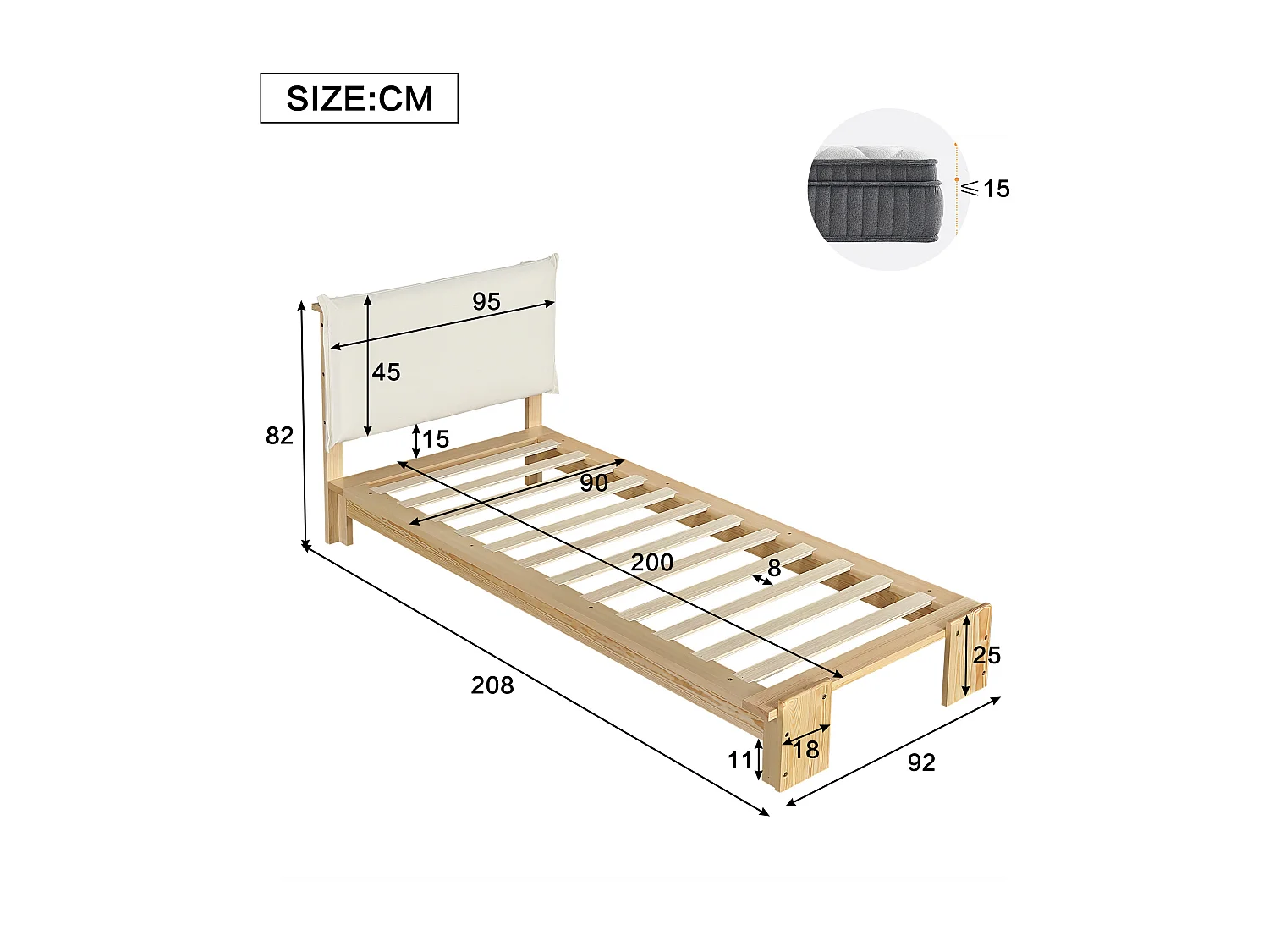 Lit capitonné pour enfant - 90 x 200 cm - avec tête de lit + sommier à lattes - pin + contreplaqué - naturel