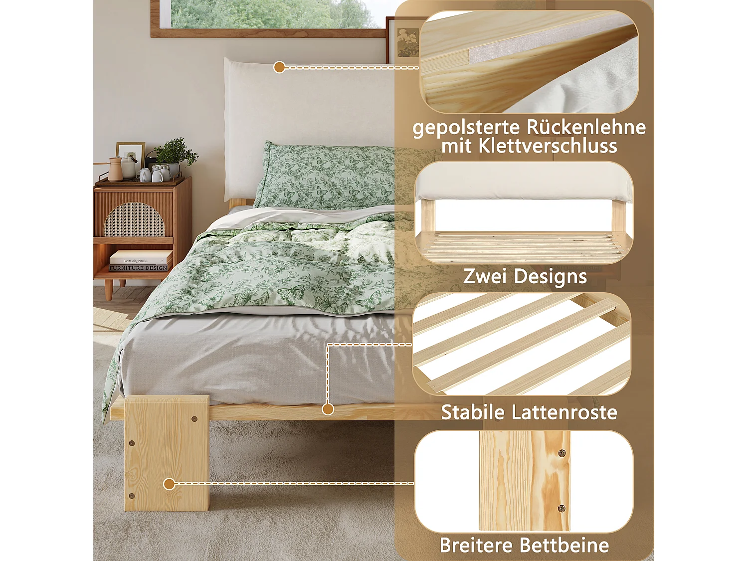 Lit capitonné pour enfant - 90 x 200 cm - avec tête de lit + sommier à lattes - pin + contreplaqué - naturel