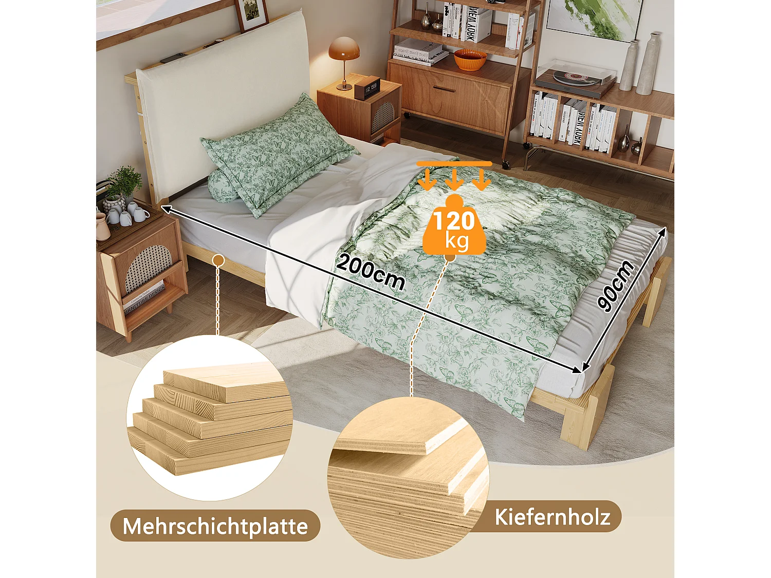 Lit capitonné pour enfant - 90 x 200 cm - avec tête de lit + sommier à lattes - pin + contreplaqué - naturel