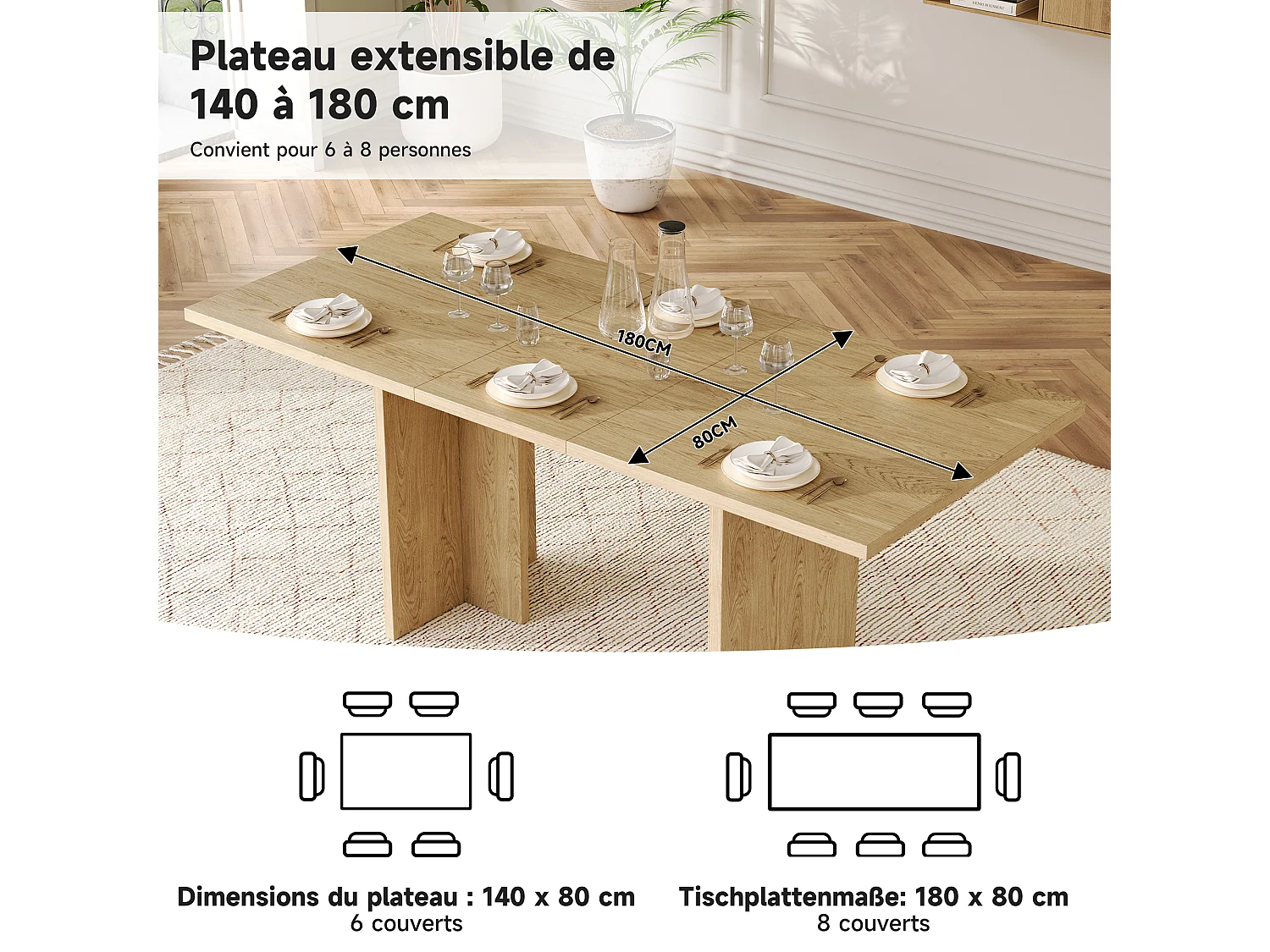 Table à manger extensible 140/180x80 cm pour 6 à 8 personnes - Naturel clair