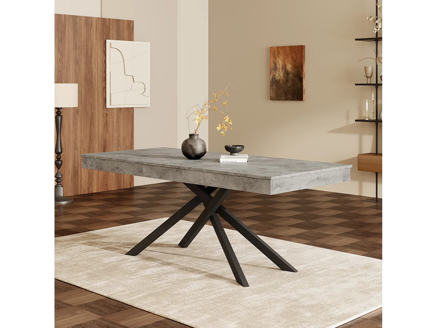 Table à manger rectangulaire extensible 140/180x80x76 cm - Pour 6 à 8 personnes - Plateau épais - Pieds en métal - Gris