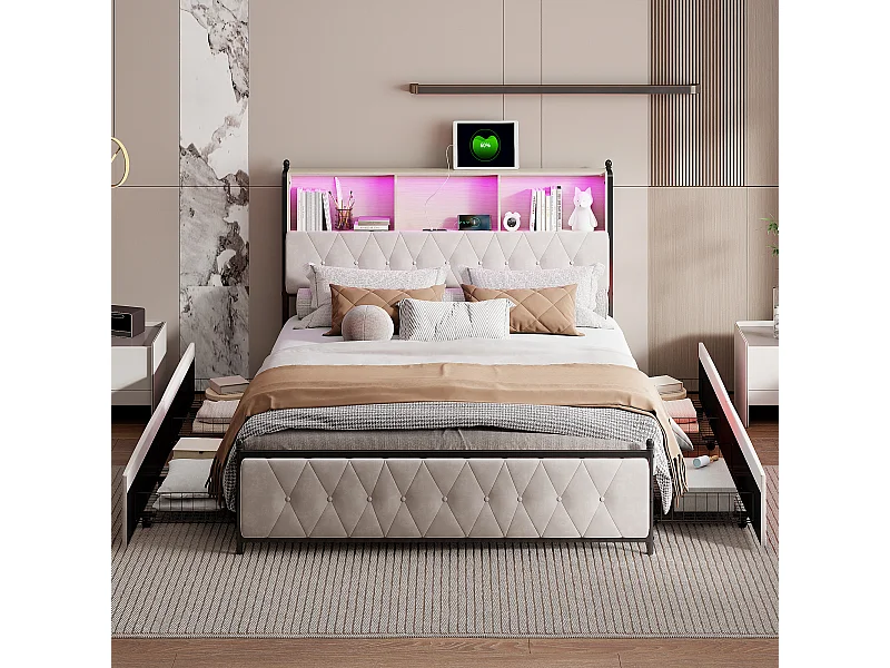 Lit double 180x200cm avec 4 tiroirs - tête de lit avec LED et ports USB- espace de rangement - velours - beige