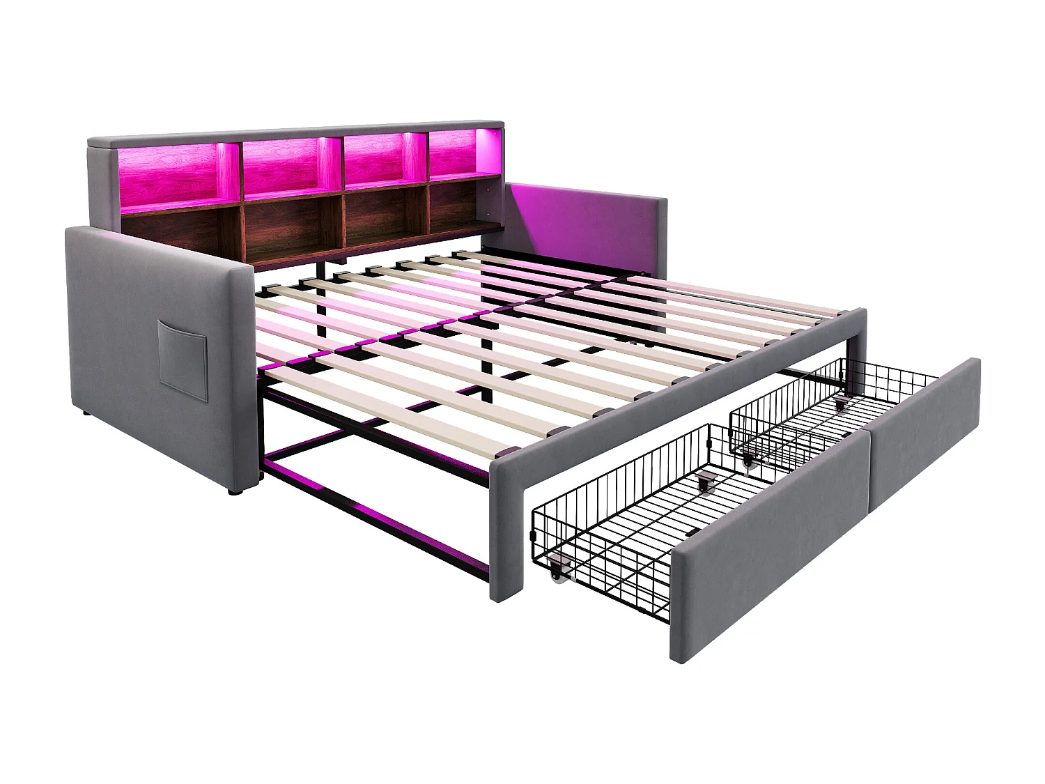 Dagbed 90/180 x 190 cm met 2 lades, ledverlichting en stopcontact, planken - Volwassenenbed in fluweel - Donkergrijs