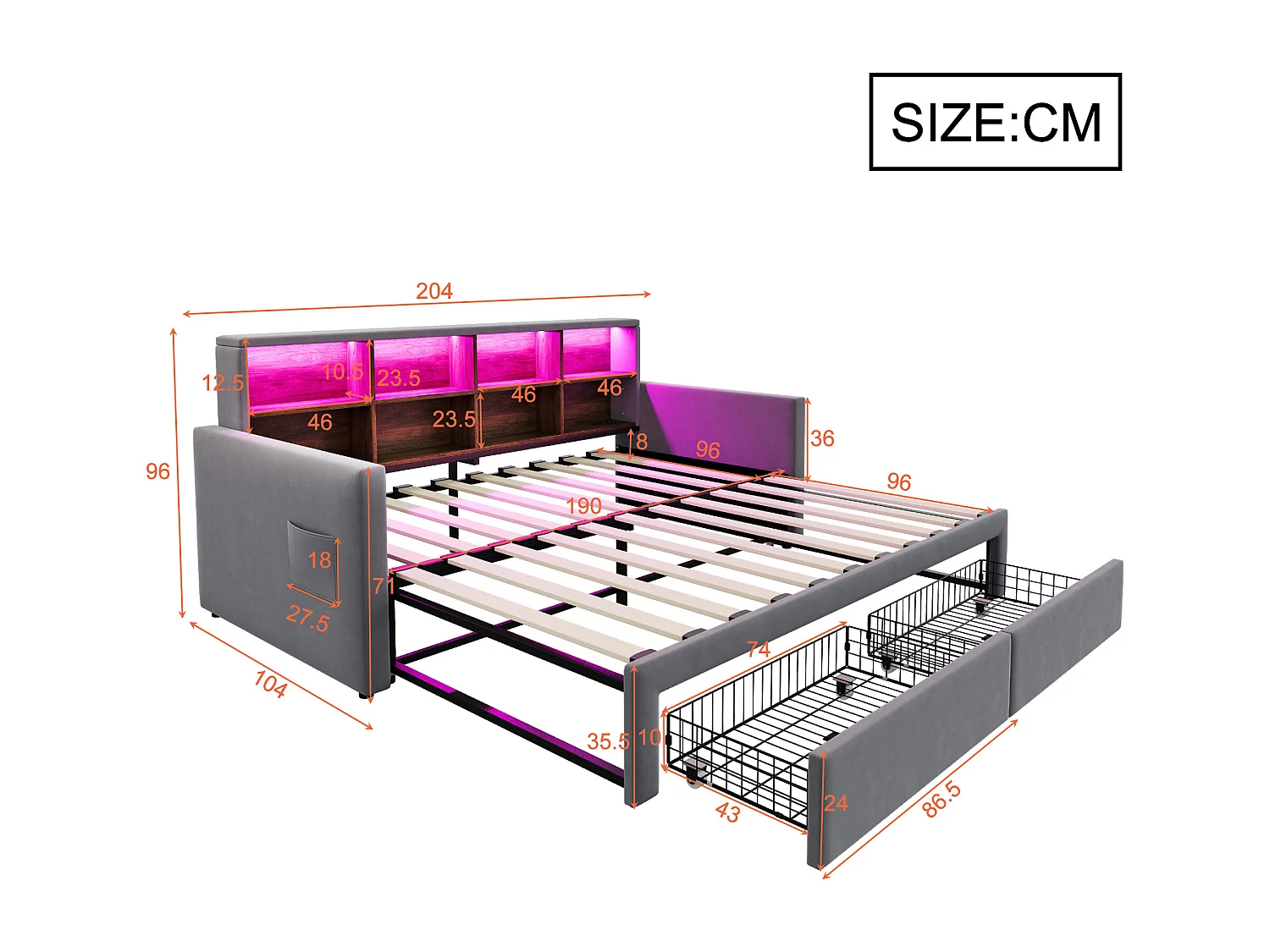 Dagbed 90/180 x 190 cm met 2 lades, ledverlichting en stopcontact, planken - Volwassenenbed in fluweel - Donkergrijs
