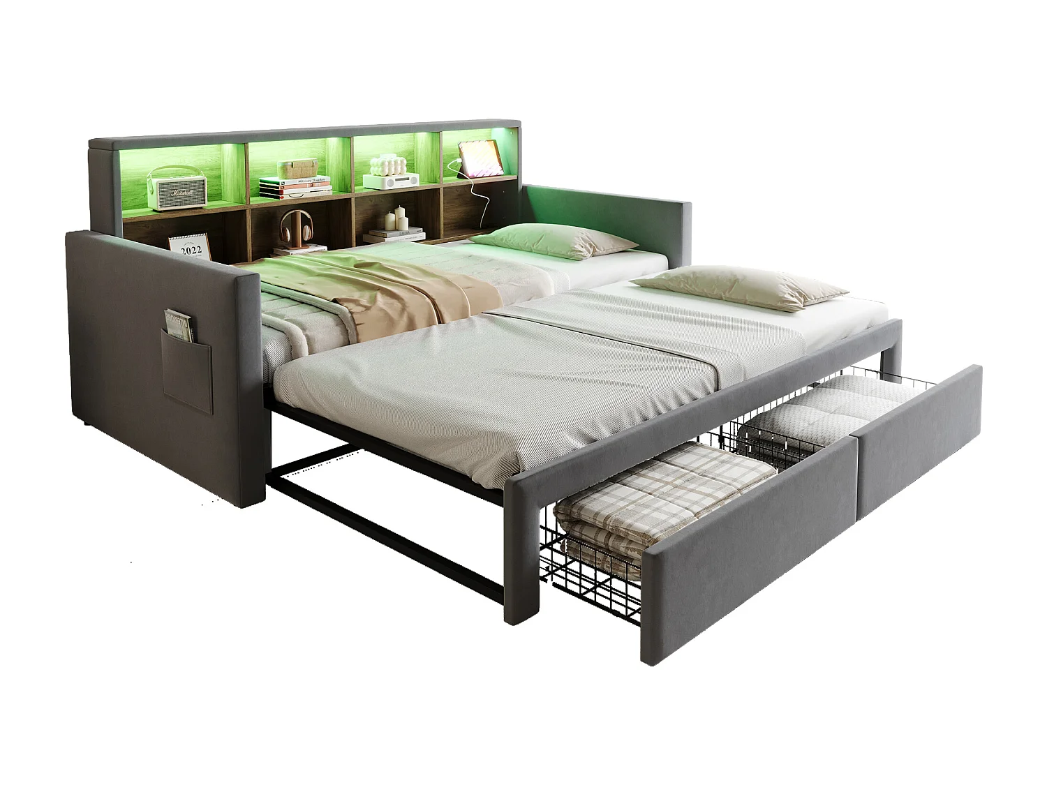 Dagbed 90/180 x 190 cm met 2 lades, ledverlichting en stopcontact, planken - Volwassenenbed in fluweel - Donkergrijs