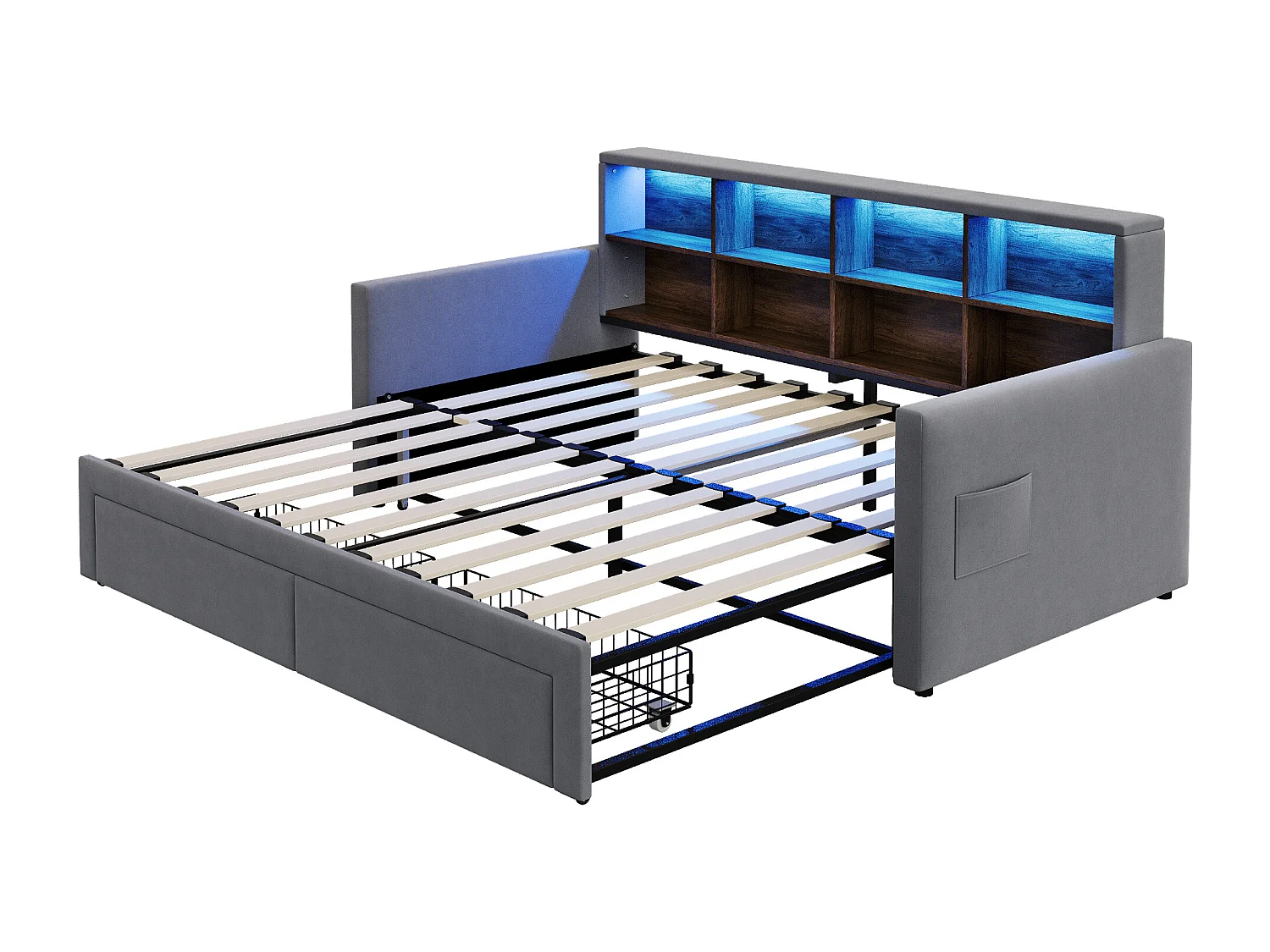 Dagbed 90/180 x 190 cm met 2 lades, ledverlichting en stopcontact, planken - Volwassenenbed in fluweel - Donkergrijs