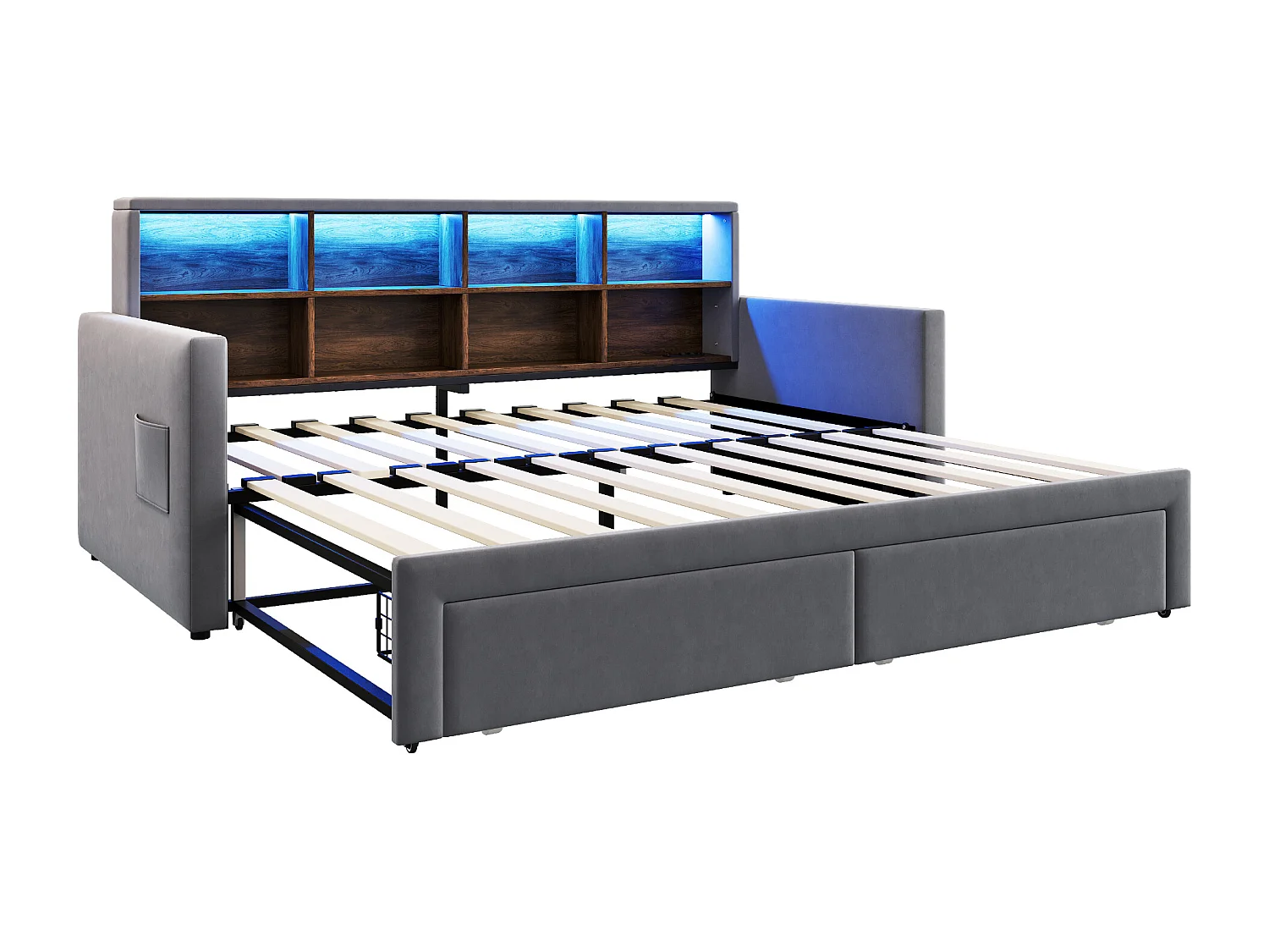 Dagbed 90/180 x 190 cm met 2 lades, ledverlichting en stopcontact, planken - Volwassenenbed in fluweel - Donkergrijs