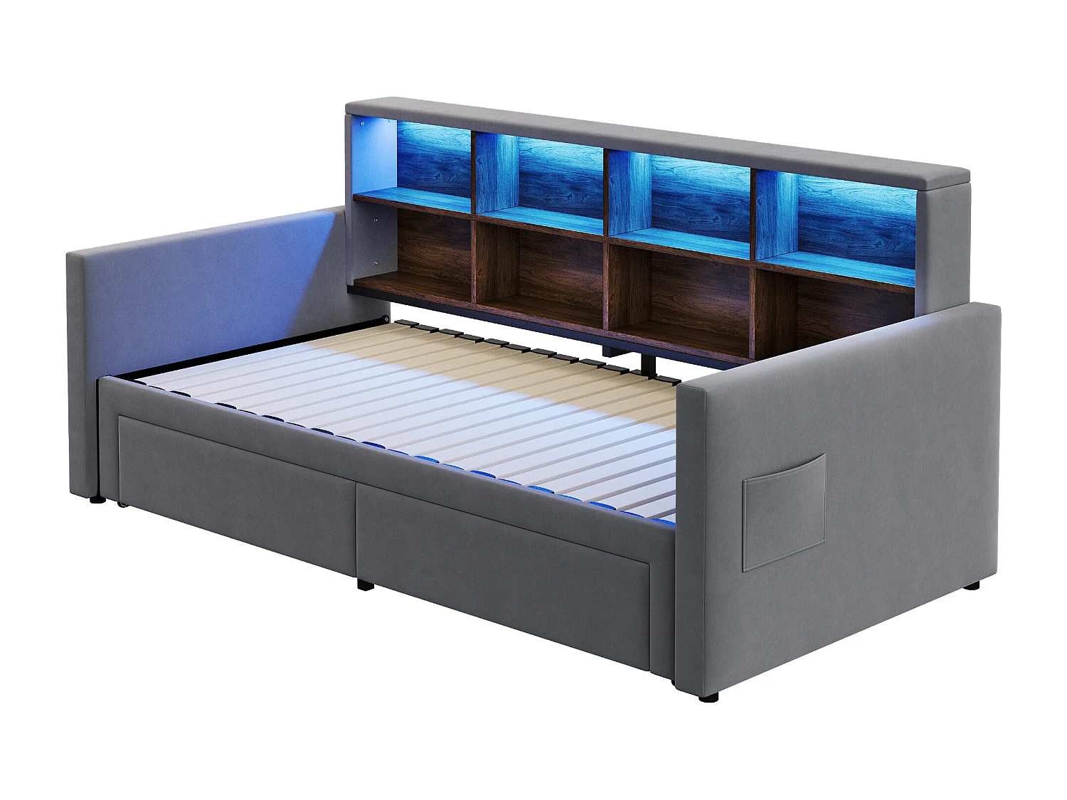 Dagbed 90/180 x 190 cm met 2 lades, ledverlichting en stopcontact, planken - Volwassenenbed in fluweel - Donkergrijs