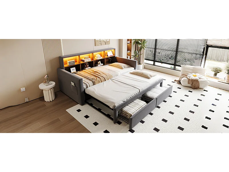 Cama de día 90/180 x 190 cm con 2 cajones, iluminación LED, toma de corriente y estantes - Cama para adultos en terciopelo - Gris oscuro