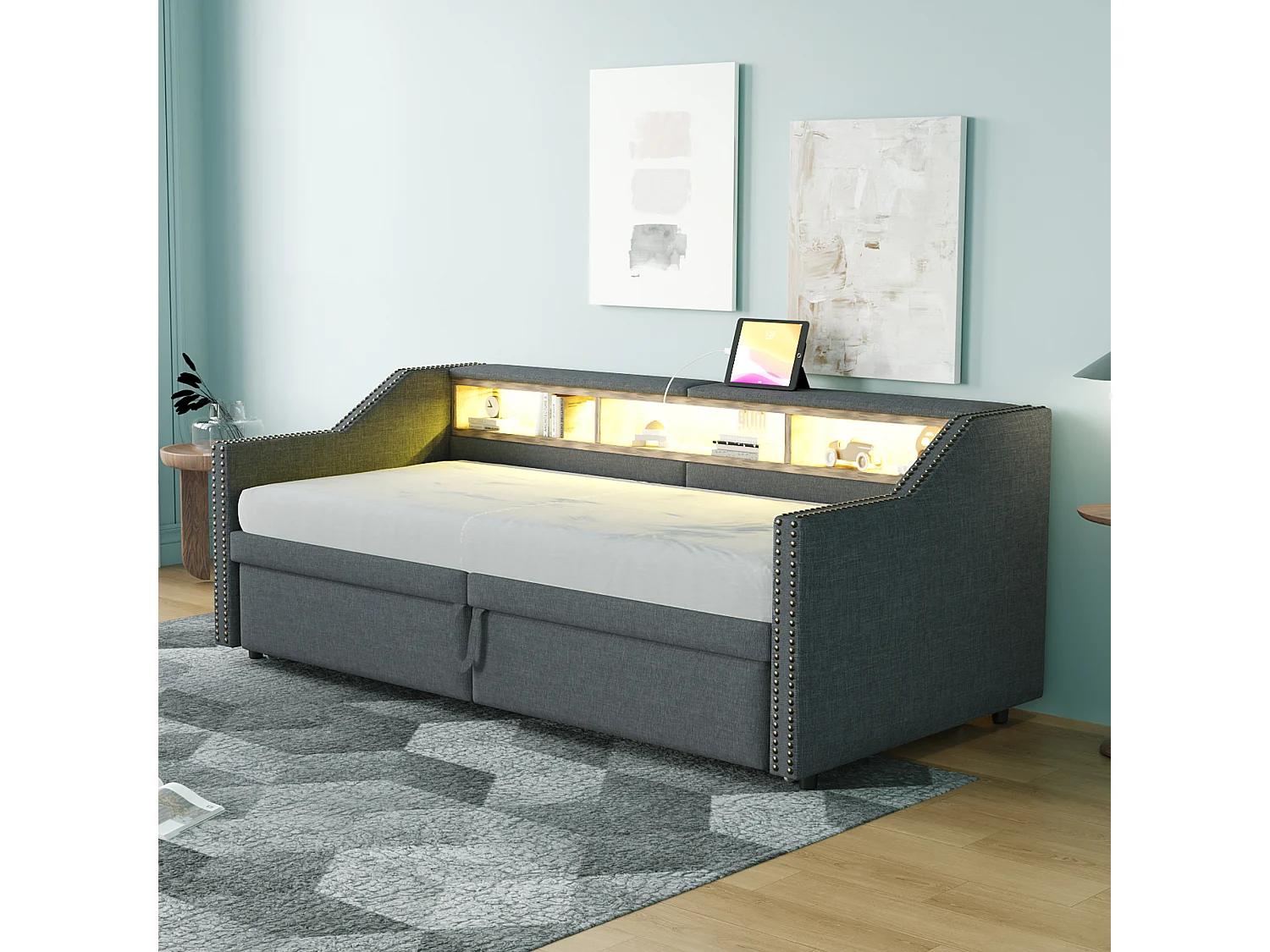 Canapé-lit extensible - 90/180 x 200 cm - avec étagères de rangements + Leds + USB -  lin + MDF - gris foncé (avec 2 matelas)