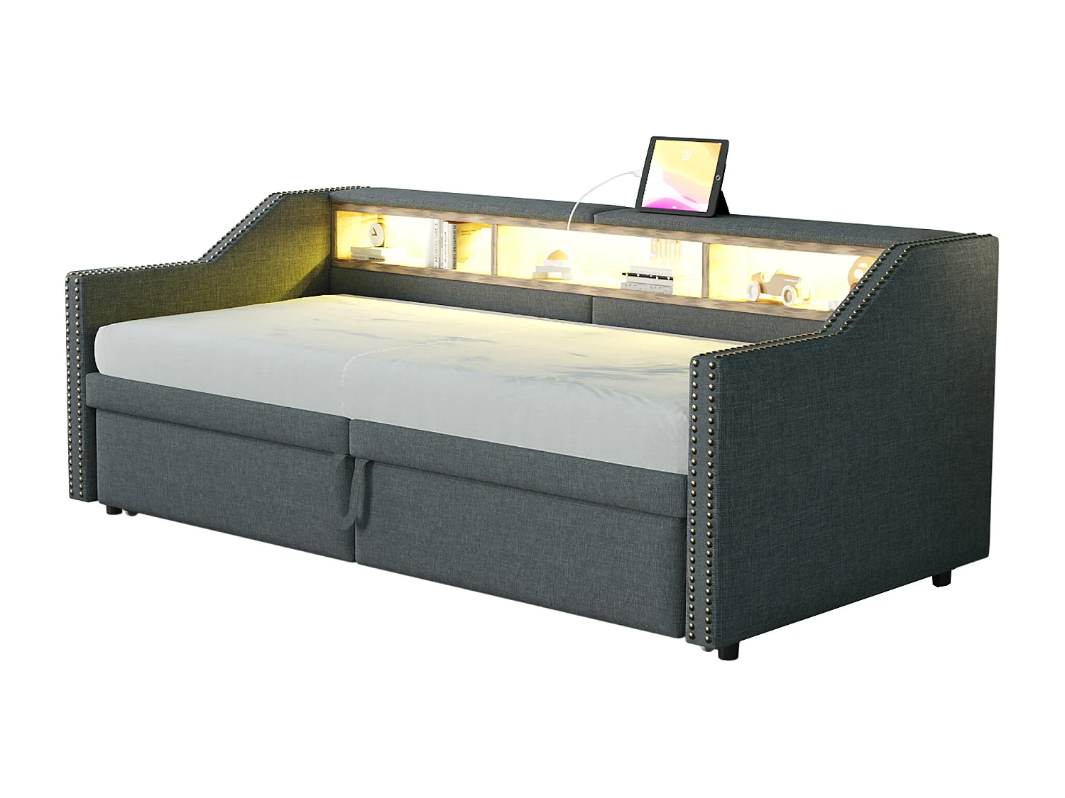 Canapé-lit extensible - 90/180 x 200 cm - avec étagères de rangements + Leds + USB -  lin + MDF - gris foncé (avec 2 matelas)