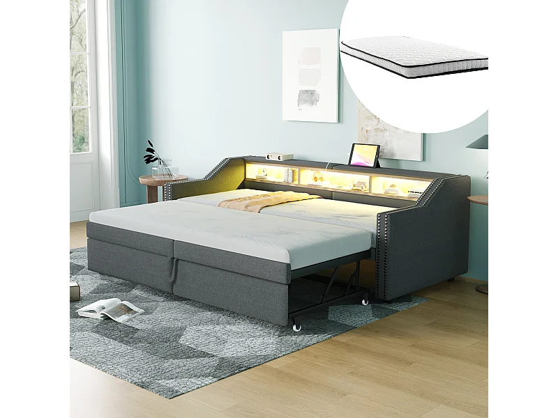 Rozkładana sofa rozkładana - 90/180 x 200 cm - z półkami do przechowywania + diody LED + USB - len + płyta MDF - ciemnoszara (z 2 materacami)