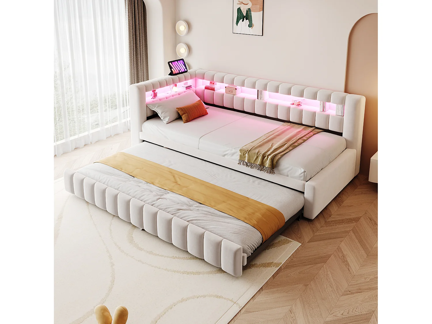 Lit capitonné enfant - 90 x 200 cm - avec lit gigogne 90 x 190 cm + Leds + tête de lit + dossier - velours - beige