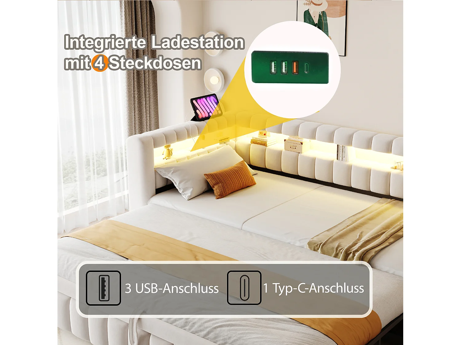 Lit capitonné enfant - 90 x 200 cm - avec lit gigogne 90 x 190 cm + Leds + tête de lit + dossier - velours - beige