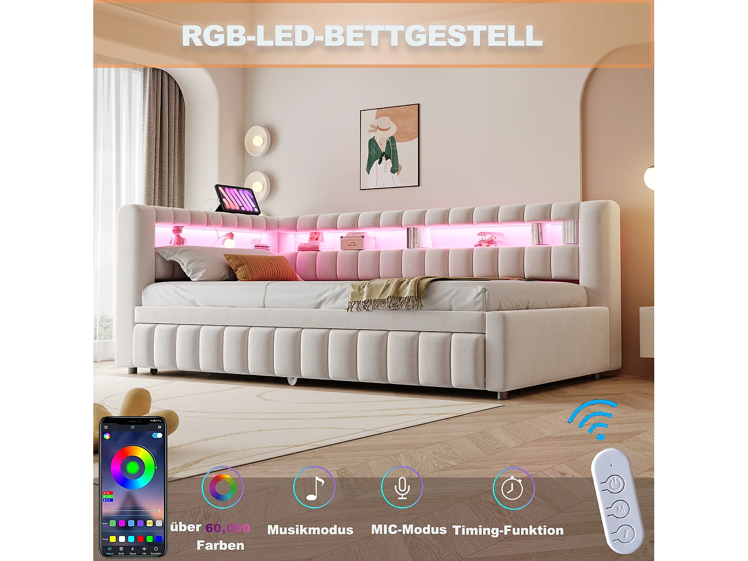 Lit capitonné enfant - 90 x 200 cm - avec lit gigogne 90 x 190 cm + Leds + tête de lit + dossier - velours - beige