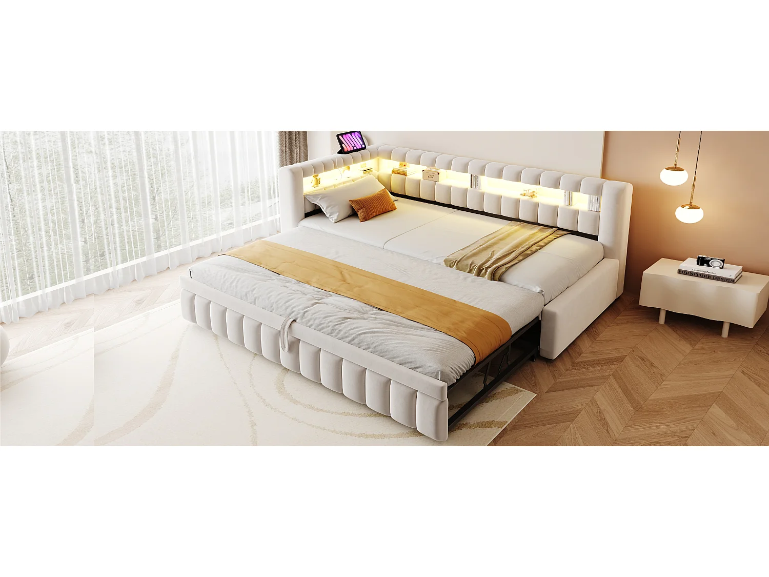 Lit capitonné enfant - 90 x 200 cm - avec lit gigogne 90 x 190 cm + Leds + tête de lit + dossier - velours - beige