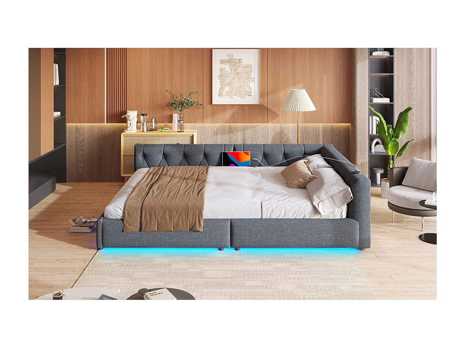 Daybed 140 x 200 cm met LED-verlichting, USB- en Type-C-aansluiting - Volwassenenbed in grijs linnen
