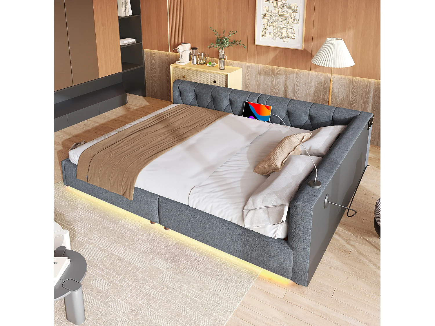 Daybed 140 x 200 cm met LED-verlichting, USB- en Type-C-aansluiting - Volwassenenbed in grijs linnen