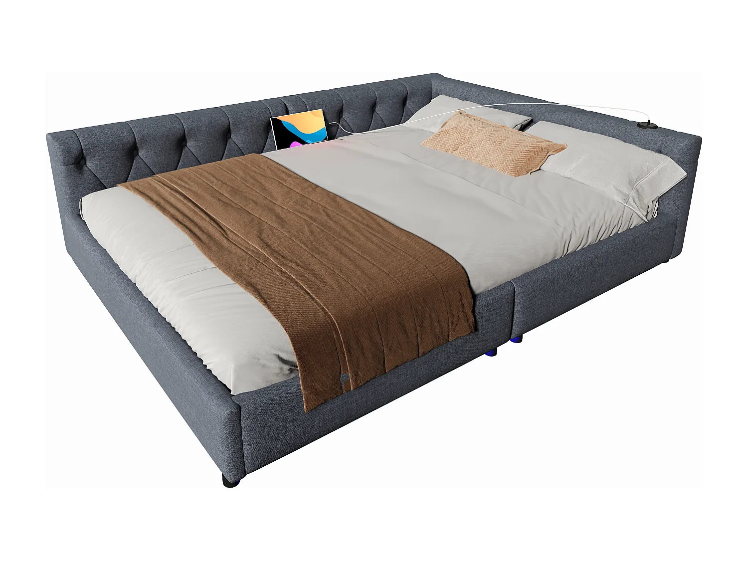 Daybed 140 x 200 cm met LED-verlichting, USB- en Type-C-aansluiting - Volwassenenbed in grijs linnen