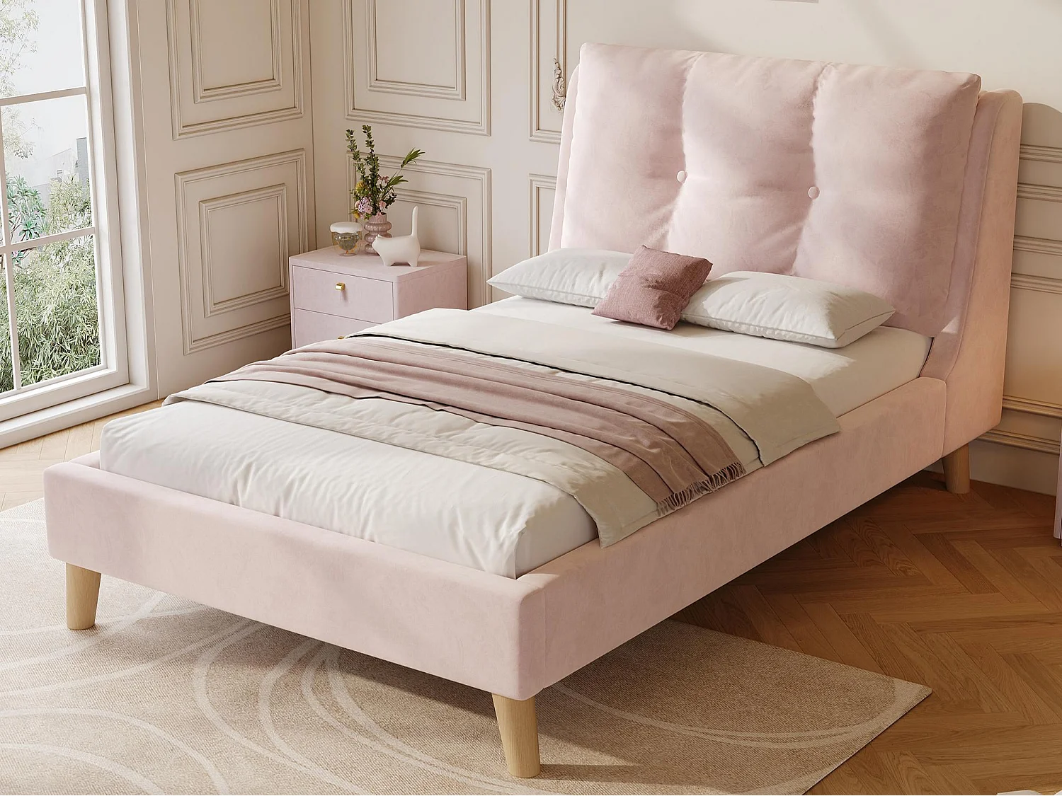 Lit enfant capitonné 90x200cm - Oreillers réglables - Pieds en bois massif - Velours - Rose (Matelas non inclus)