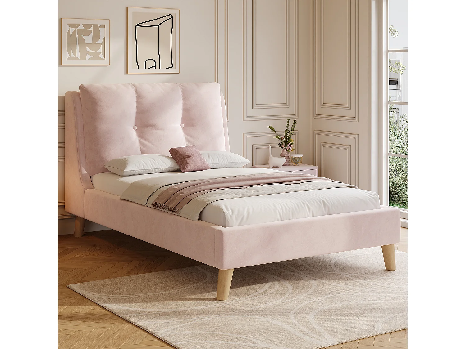 Lit enfant capitonné 90x200cm - Oreillers réglables - Pieds en bois massif - Velours - Rose (Matelas non inclus)