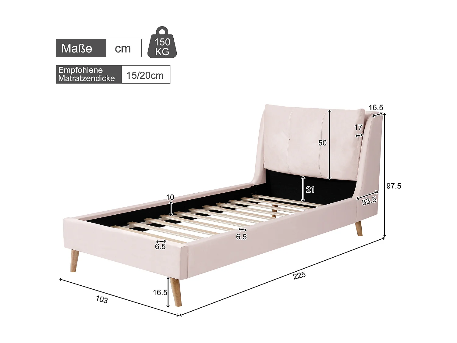 Lit enfant capitonné 90x200cm - Oreillers réglables - Pieds en bois massif - Velours - Rose (Matelas non inclus)