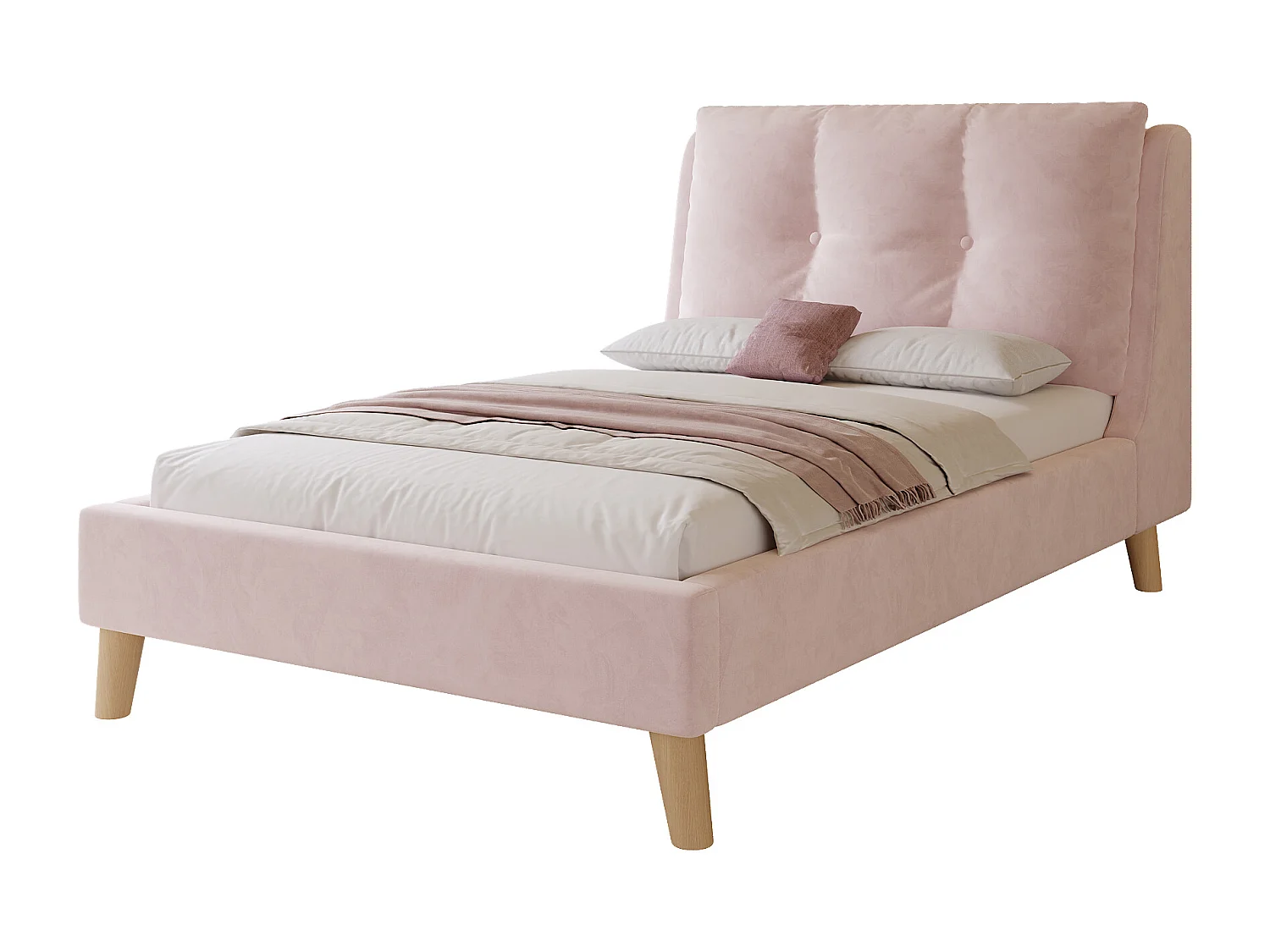 Lit enfant capitonné 90x200cm - Oreillers réglables - Pieds en bois massif - Velours - Rose (Matelas non inclus)