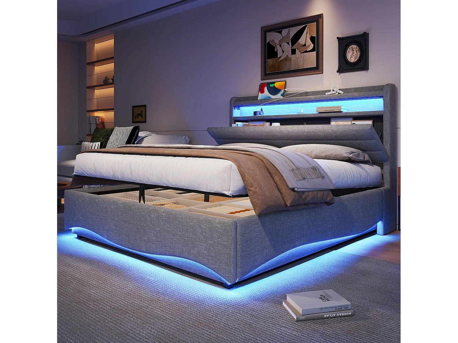 Lit coffre hydraulique pour enfant - 140 x 200 cm - avec Leds + USB + tête de lit de rangement - lin - gris