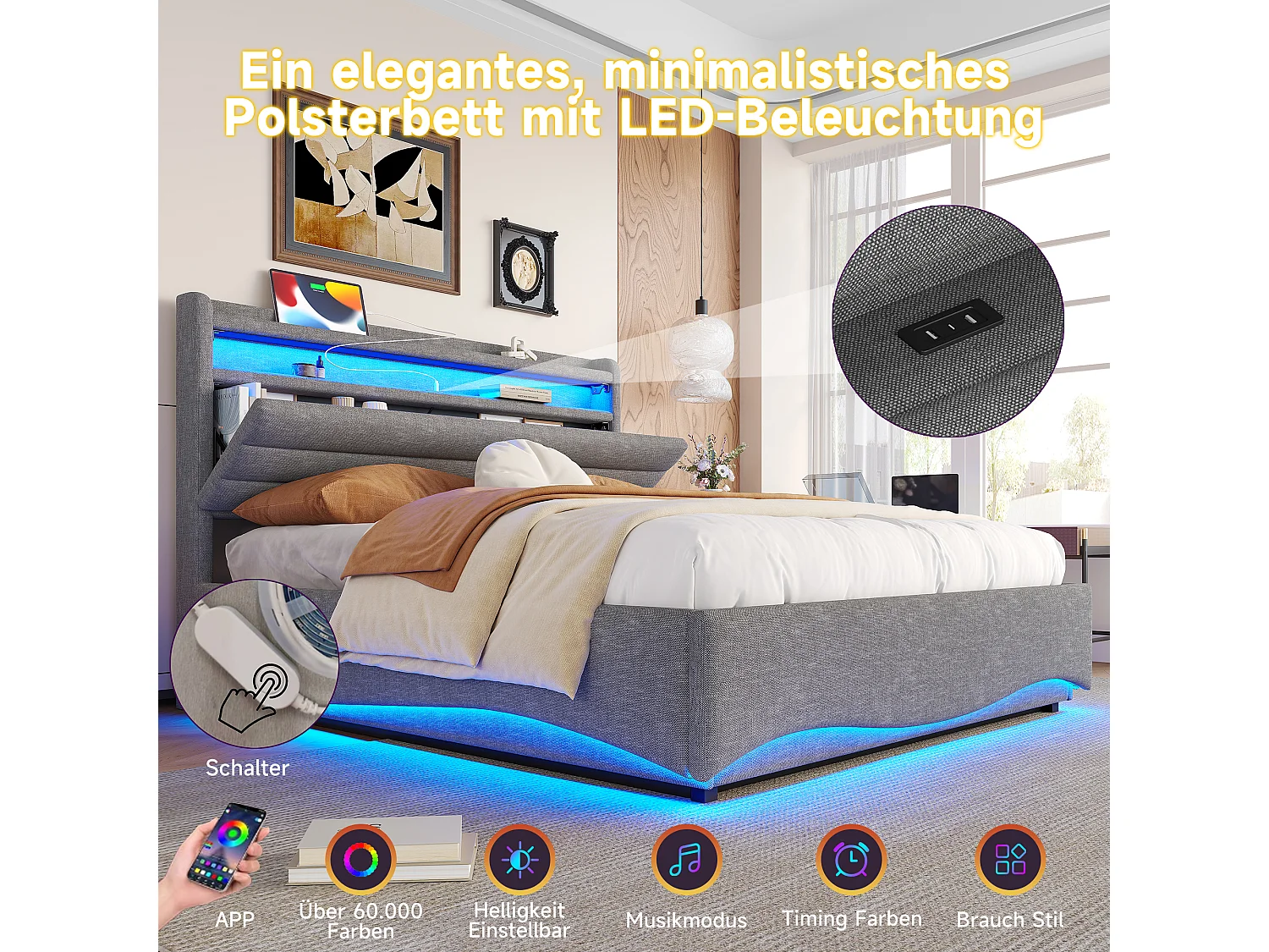 Lit coffre hydraulique pour enfant - 140 x 200 cm - avec Leds + USB + tête de lit de rangement - lin - gris