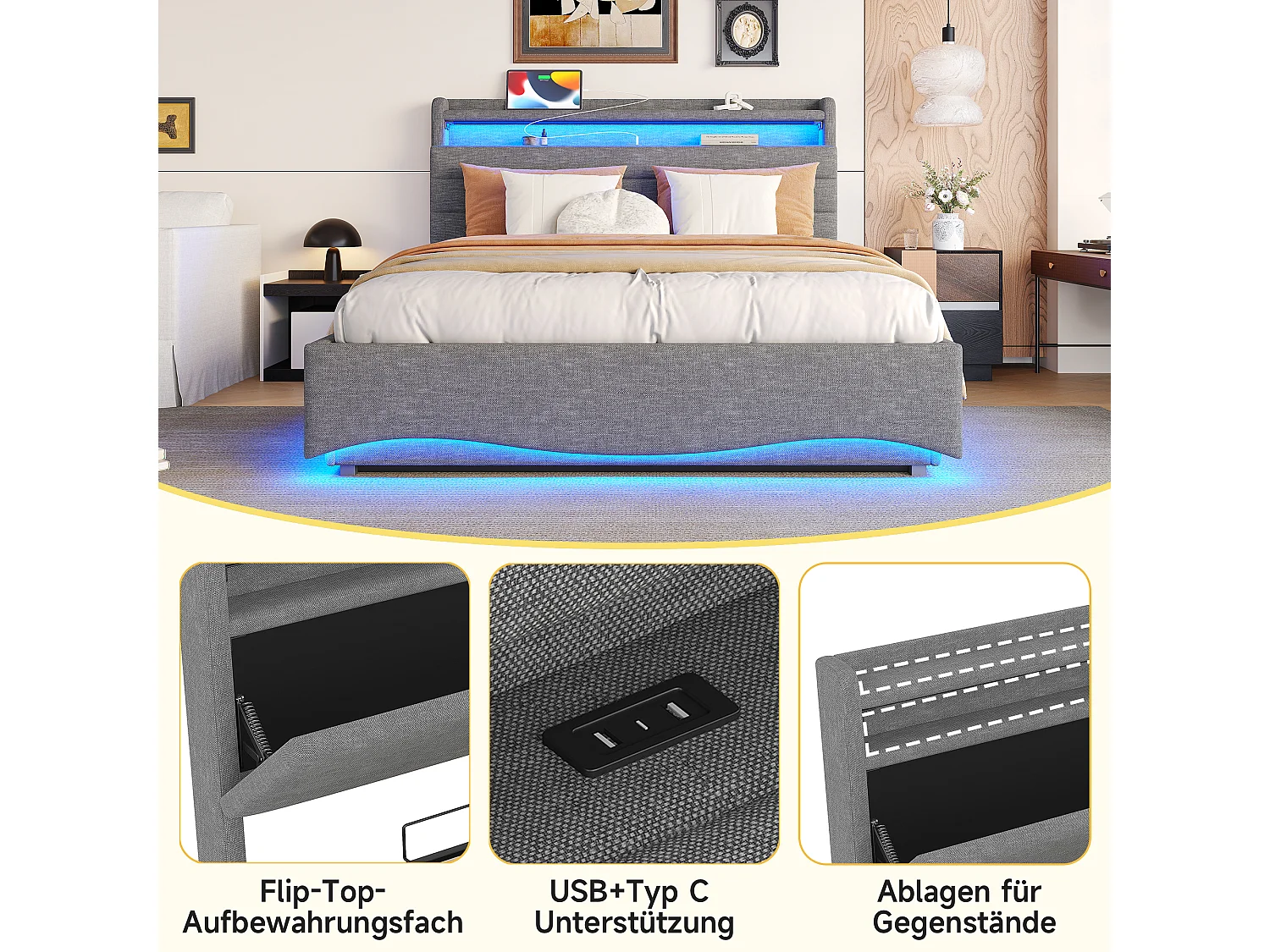 Lit coffre hydraulique pour enfant - 140 x 200 cm - avec Leds + USB + tête de lit de rangement - lin - gris