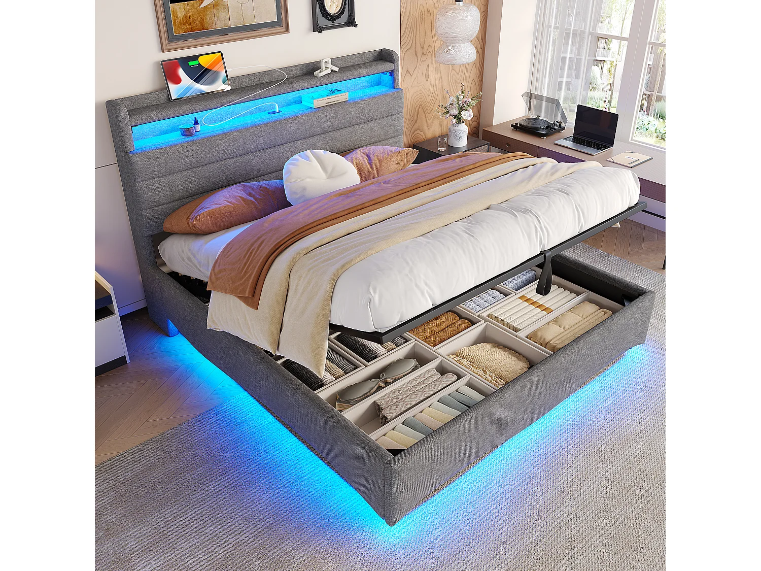 Lit coffre hydraulique pour enfant - 140 x 200 cm - avec Leds + USB + tête de lit de rangement - lin - gris