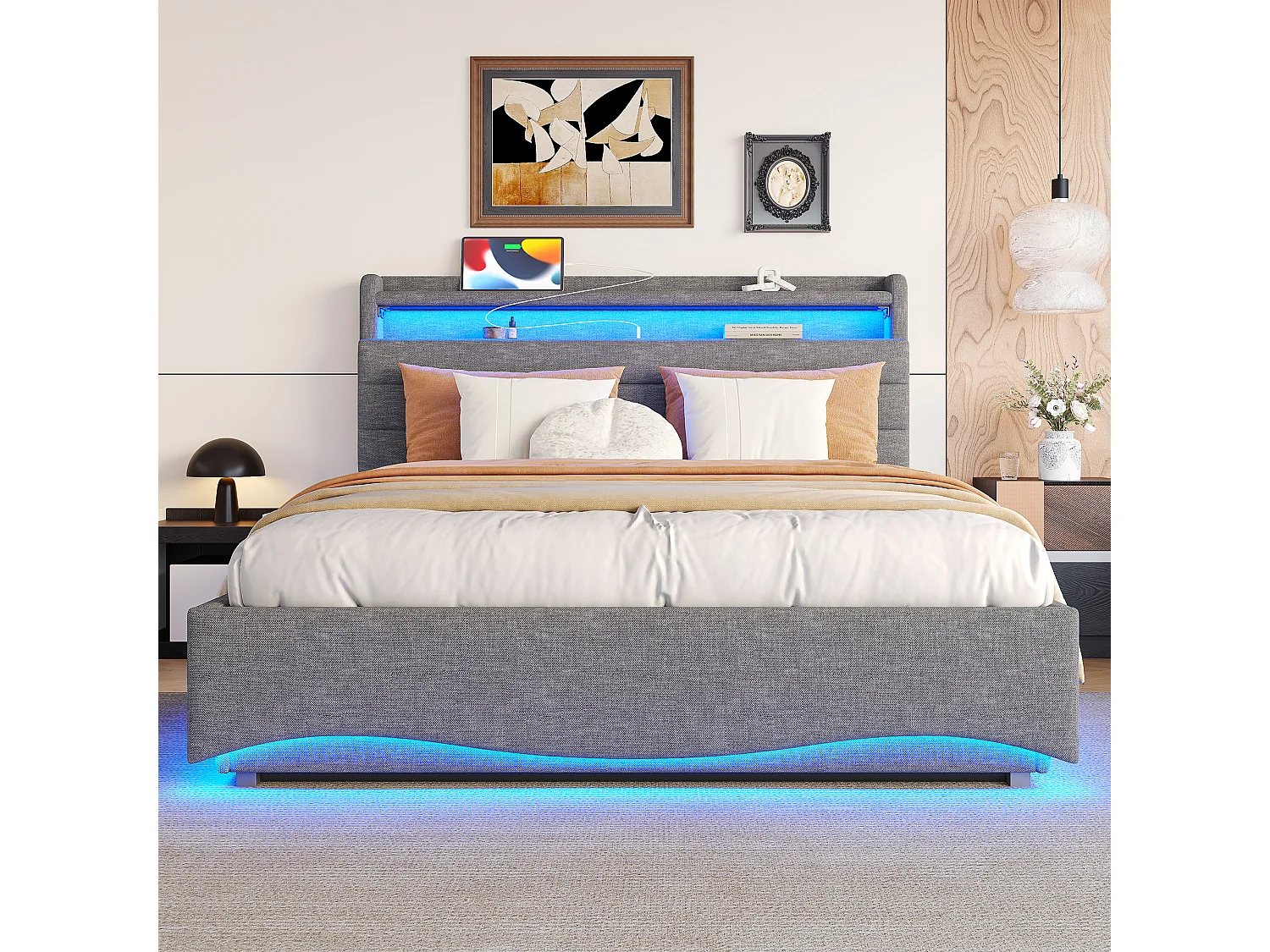 Lit coffre hydraulique pour enfant - 140 x 200 cm - avec Leds + USB + tête de lit de rangement - lin - gris