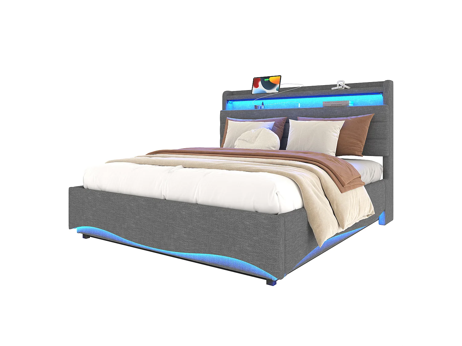 Lit coffre hydraulique pour enfant - 140 x 200 cm - avec Leds + USB + tête de lit de rangement - lin - gris